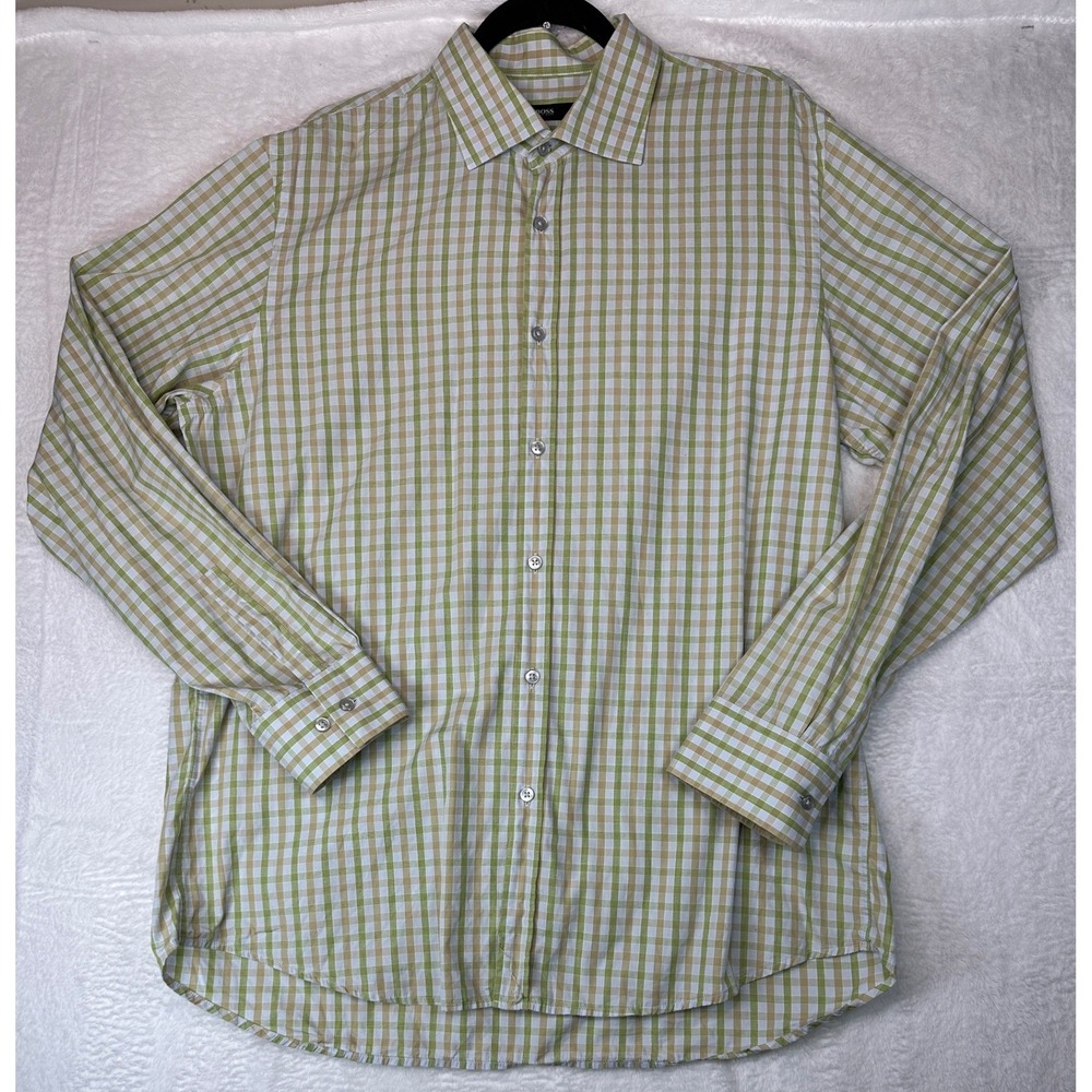 BOSS Hugo Boss Gingham Button Down Shirt Mens 17.5 44 Green Tan Long Sleeve